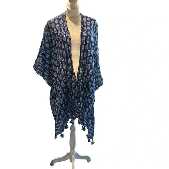 Kimono Duster In One Size Women's blue and white with tassels - Picture 1 of 4